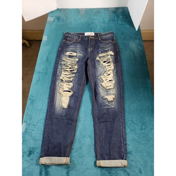 Soho Babe Jeans Sz 5 Womens Blue Mid Rise Cuffed Crop Distressed Stretch NWT - Picture 2 of 15
